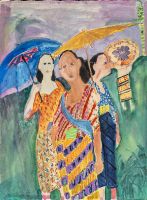 Femmes ombrelles bleu et jaune 35,8x27cm