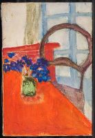 Bouquet bleu sur table rouge 33x22cm