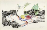 Blue plate, white pitcher, red currents with grape vine 1986 67x103cm